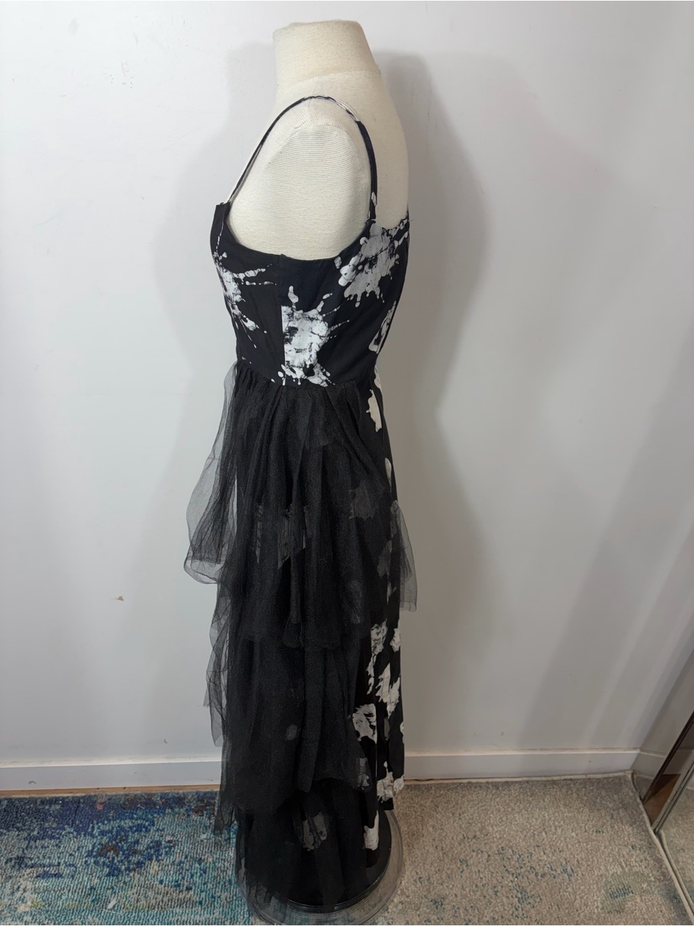BUSAYO Black & White Abstract Print Midi Dress Tulle Ruffle Side Size S - Picture 8 of 11